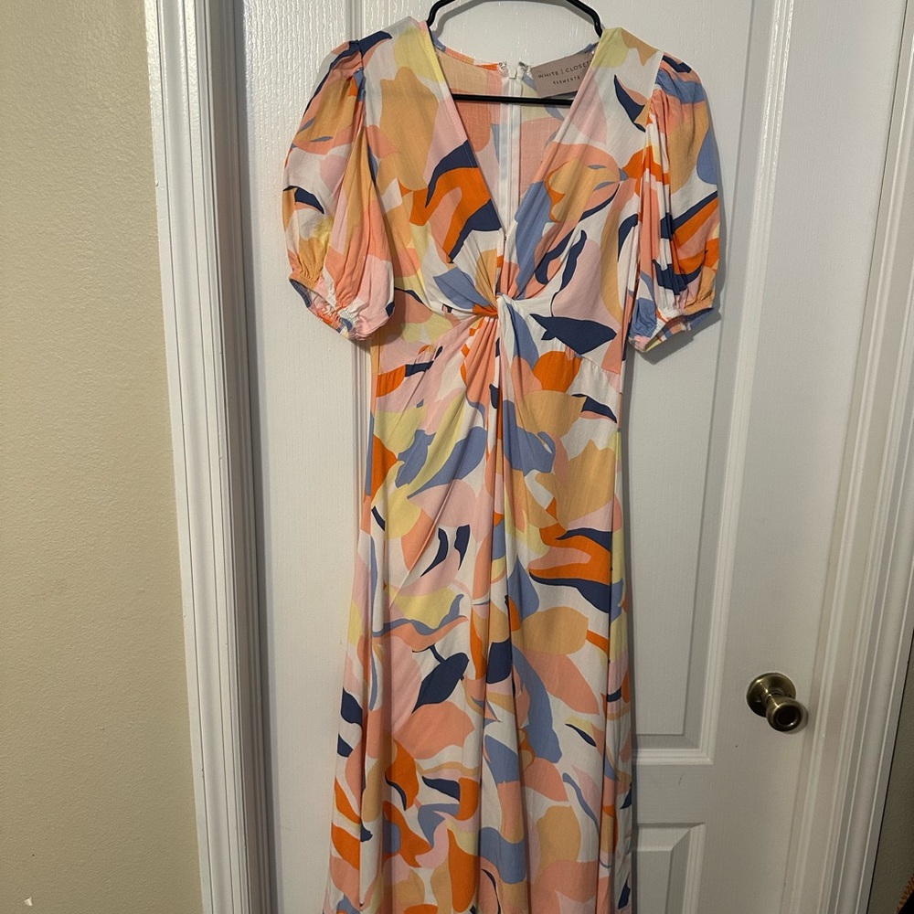 White Closet Elements Abstract Floral Midi Dress XS Twist Front Puff Sleeve - Picture 4 of 13